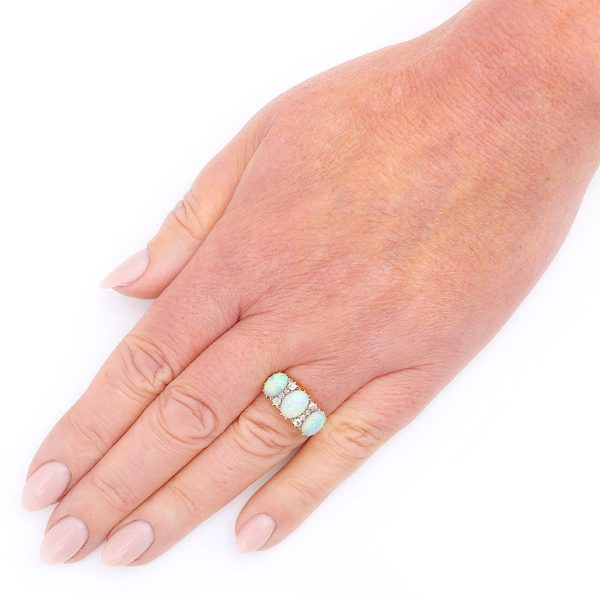 Victorian Antique Opal and Diamond Three Stone Gypsy Ring