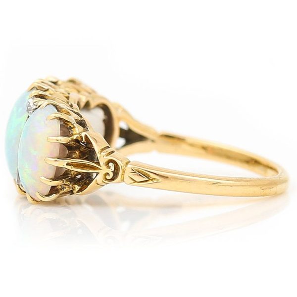 Victorian Antique Opal and Diamond Three Stone Gypsy Ring