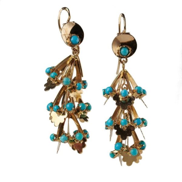 Vintage 1950s Turquoise and Gold Drop Earrings