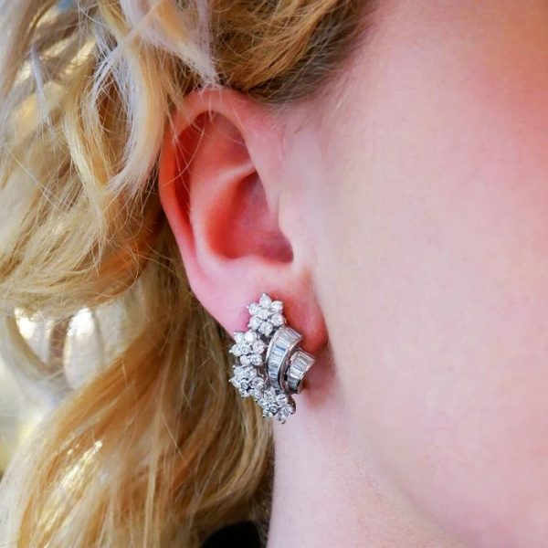 Vintage Inspired 4.12ct Baguette and Brilliant Diamond Floral Spray Clip Earrings