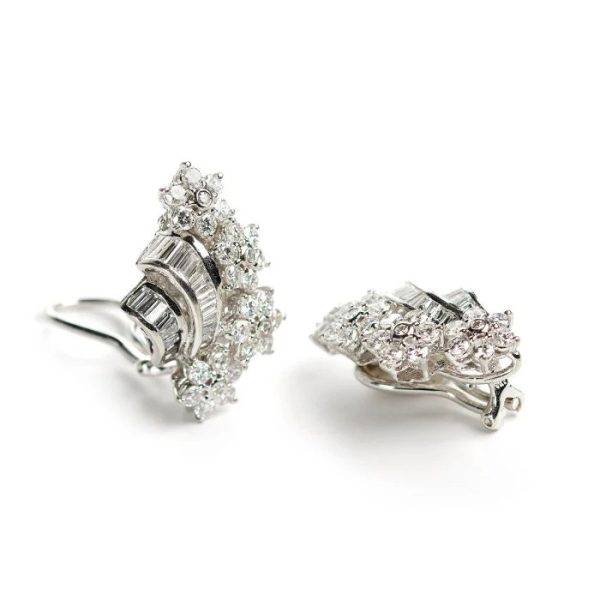 Vintage Inspired 4.12ct Baguette and Brilliant Diamond Floral Spray Clip Earrings