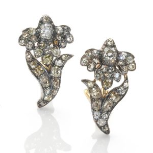 Antique Victorian Diamond 2.20 Carats Iris Flower Earrings Mounted in Silver on Gold