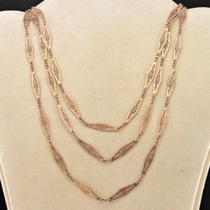 Antique Art Nouveau Filigree Lozenge 9ct Rose Gold Long Chain Necklace