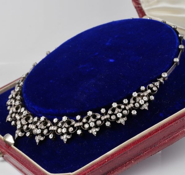 Victorian Antique French 12.20ct Old Mine Cut and Rose Cut Diamond Necklace come Bracelet in Silver and 18ct Rose Gold, Circa 1840