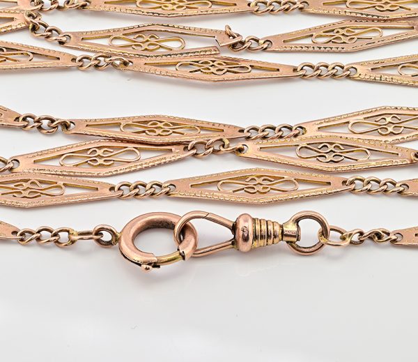 Antique Art Nouveau Filigree Lozenge 9ct Rose Gold Long Chain Necklace
