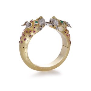 Two Dragon Head Bangle By Larry in 14 Carat Gold With Diamonds, Emeralds and Rubies