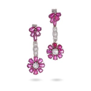 Vintage Drop Earrings With Rubies And Diamonds In 18 Carat White Gold