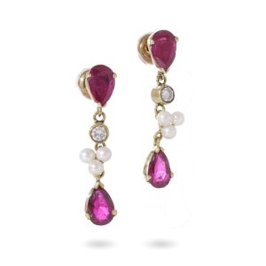 Vintage gold drop earrings set with rubies, diamonds and pearls.