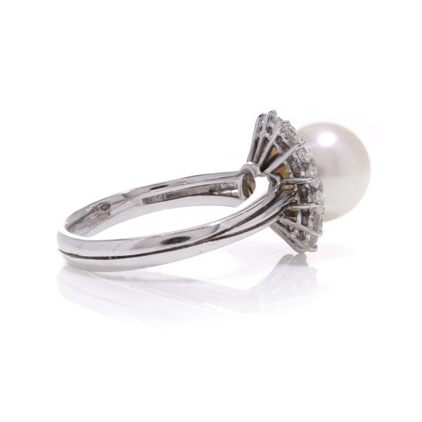 Mappin & Webb pearl and diamond cluster ring in white gold.