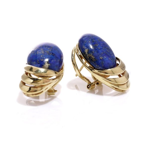 Vintage gold clip-on stud earrings with lapis lazuli stones.