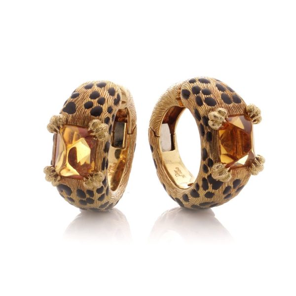 Dior leopard design citrine clip earrings in gold and black enamel.