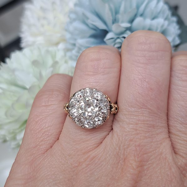 Antique Old Mine Cut Diamond Cluster Engagement Ring, 3 carats
