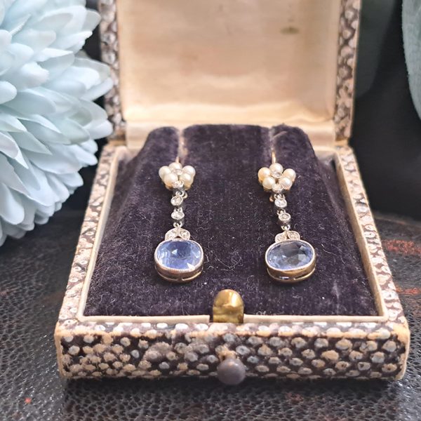 Edwardian Belle Epoque Antique Cornflower Ceylon Sapphire Natural Pearl and Diamond Drop Earrings in Platinum