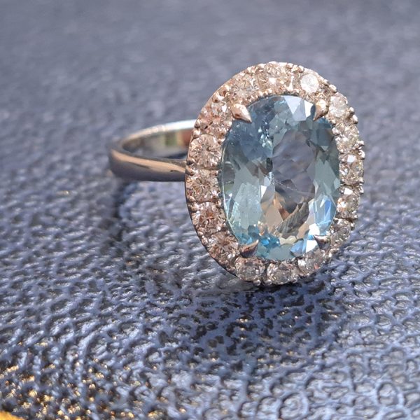 3.39ct Oval Aquamarine and Diamond Halo Cluster Engagement Ring in 18ct white gold