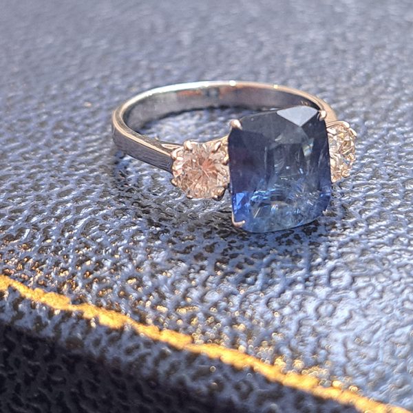 3.53ct Cushion Cut Sapphire and Diamond Three Stone Engagement Ring