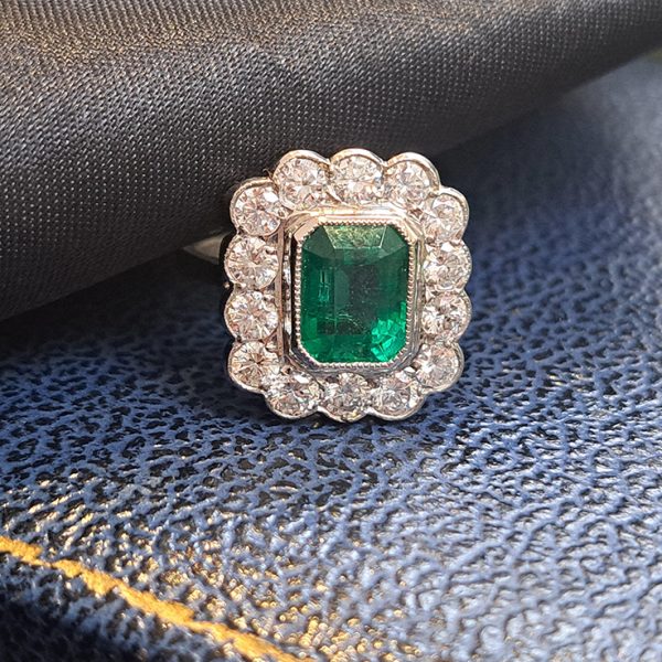 2.50ct Emerald and Diamond Floral Cluster Ring in Platinum