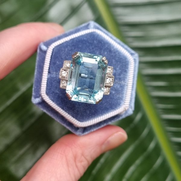 Art Deco 13.50ct Emerald Cut Aquamarine and Diamond Cocktail Ring