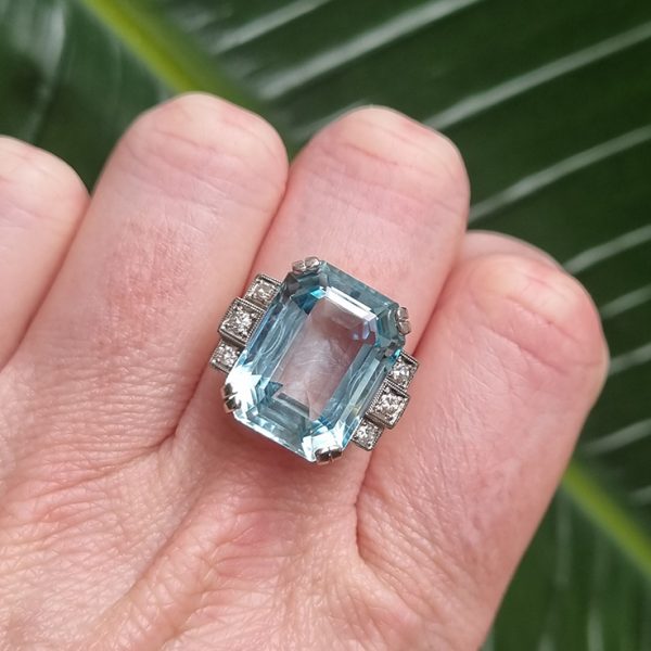 Art Deco 13.50ct Emerald Cut Aquamarine and Diamond Cocktail Ring