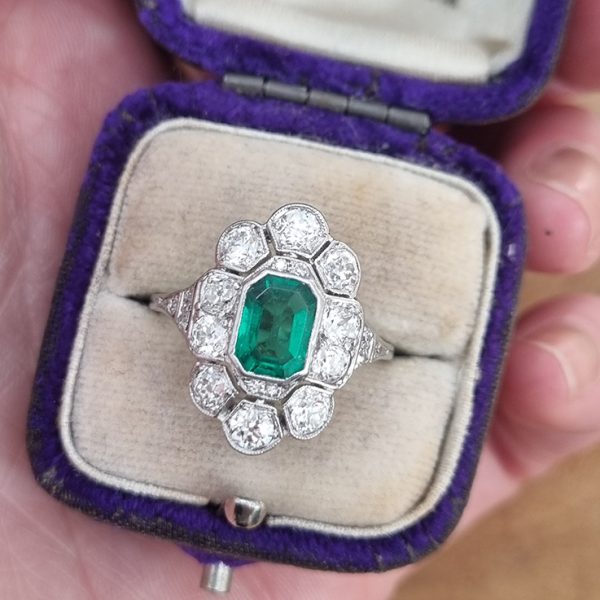 Art Deco 1ct Colombian Emerald and 2ct Old Cut Diamond Floral Cluster Ring in Platinum Circa 1920