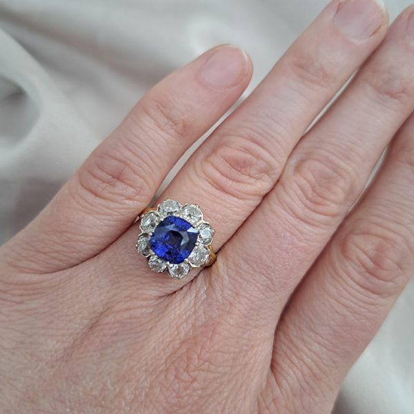 Antique 3.50ct Sapphire and 2.40ct Old Cut Diamond Cluster Engagement Ring