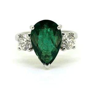 3.69ct Pear Cut Emerald and Diamond Trilogy Three Stone Engagement Ring