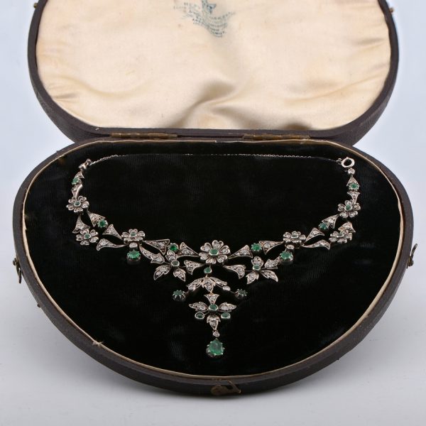 Victorian Antique Emerald and Diamond Floral Cluster Necklace in original antique fitted box
