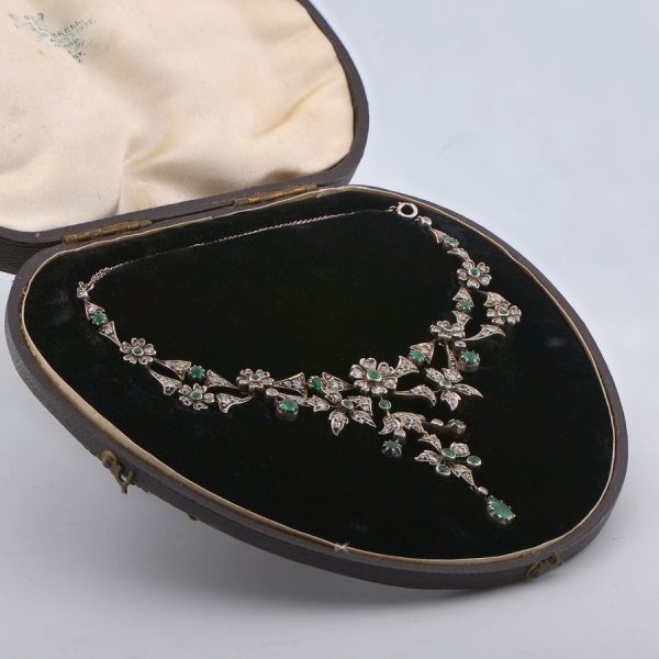 Victorian Antique Emerald and Diamond Floral Cluster Necklace in original antique fitted box