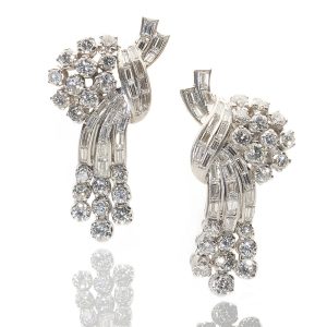 Vintage cascade diamond platinum earrings set in platinum circa 1950's.