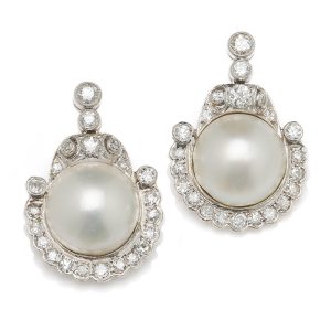 Art Deco mabé pearl and diamond cluster earrings in platinum and white gold. 