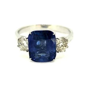 Cushion Sapphire and Diamond Three Stone Engagement Ring