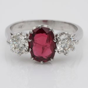 1.90ct Natural Red Spinel and Diamond Trilogy Engagement Ring