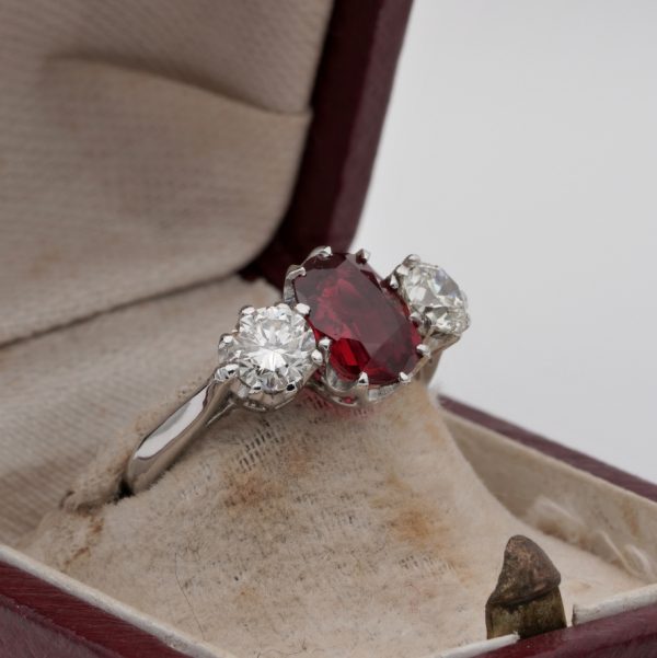 Vintage 1.90ct Natural Red Spinel and Diamond Trilogy Three Stone Engagement Ring in Platinum
