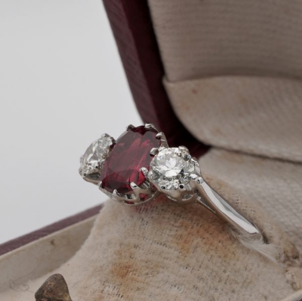 Vintage 1.90ct Natural No Heat Red Spinel and Diamond Trilogy Three Stone Engagement Ring in Platinum