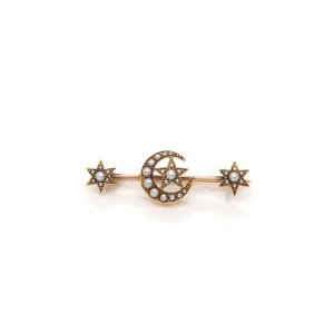 Victorian Star and Crescent Moon Bar Brooch Set With Pearls In 15 Carat Yellow Gold