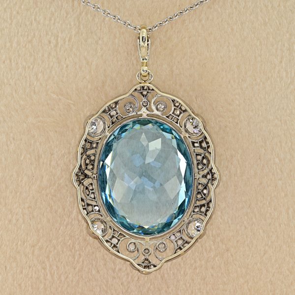 Edwardian Belle Epoque Antique Natural 20.30ct Oval Aquamarine and Diamond Cluster Pendant in Platinum and 18ct Gold