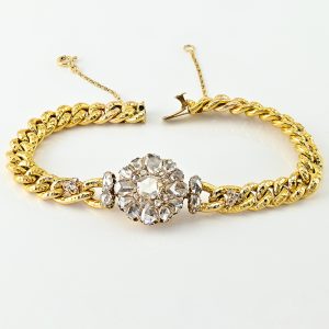 Antique 5.20ct Rose Cut Diamond Cluster Gold Curb Bracelet