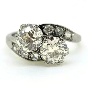 Antique Old Cut Diamond Toi et Moi Two Stone Crossover Engagement Ring in Platinum, 2.50 carats
