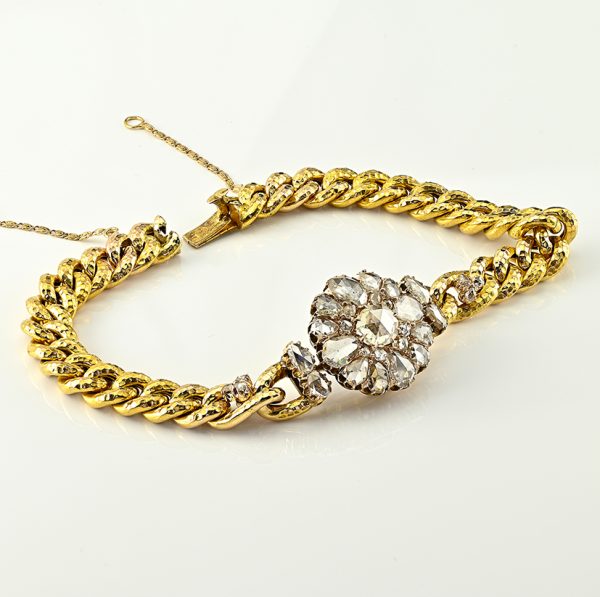 Victorian Antique 5.20ct Rose Cut Diamond Cluster 10ct Yellow Gold Curb Bracelet