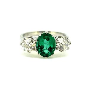 2ct Oval Emerald and Diamond Three Stone Engagement Ring