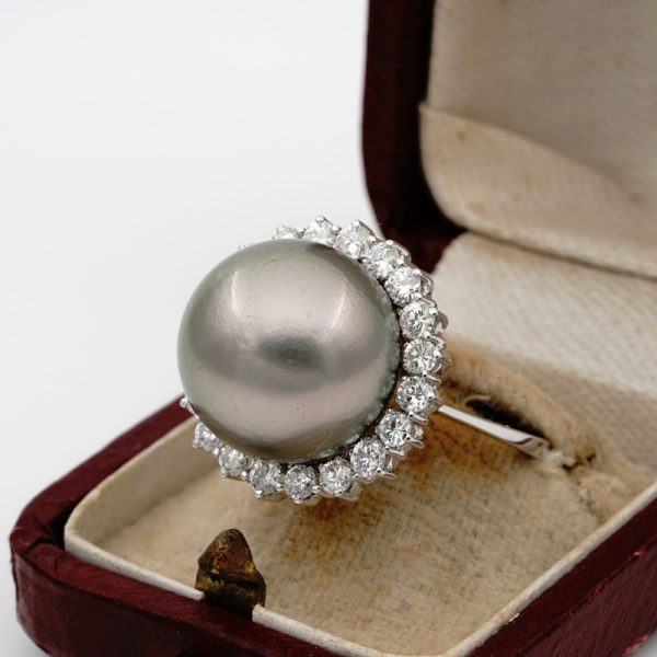 Vintage Black South Sea Pearl and Diamond Cluster Cocktail Ring