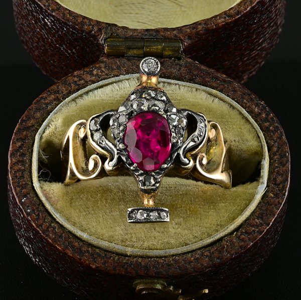 Georgian Antique Natural No Heat Ruby and Diamond Urn Ring Possibly Burma Ruby