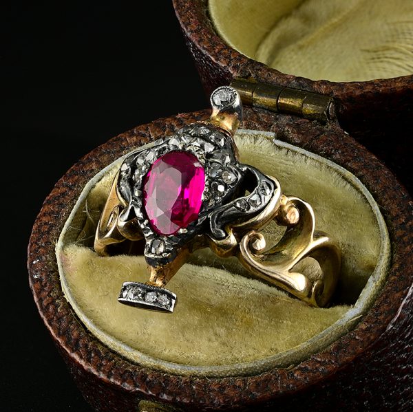 Georgian Antique Natural No Heat Ruby and Diamond Urn Ring Possibly Burma Ruby