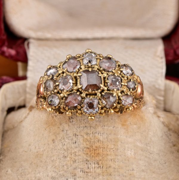 Antique Georgian 1.30ct Table Cut and Rose Cut Diamond Cluster Locket Mourning Ring Circa 1790 1810