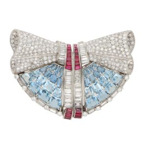 Art Deco Aquamarine, Ruby and Diamond Double Clip Platinum Brooch