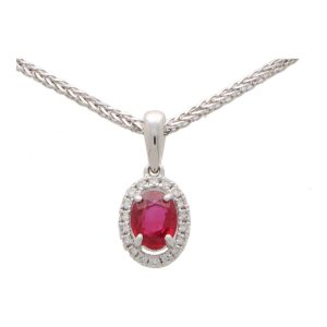 0.45ct Ruby and Diamond Oval Halo Pendant Necklace