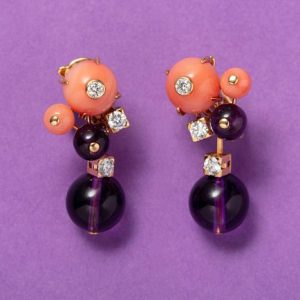 Unique Cartier Clip Earrings with Cabochon Coral and Amethyst Beads with Diamonds in 18ct gold. Signed and numbered Cartier, model Delice de Goa