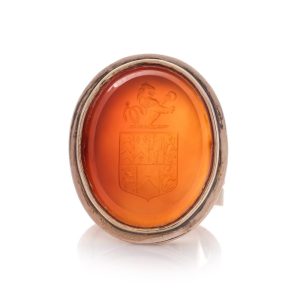 Antique Victorian 15 Carat Gold Carnelian Intaglio Signet Ring With Coat Of Arms