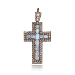 Antique Cross Pendant Set With Diamonds and Opals In 20 Carat Yellow Gold