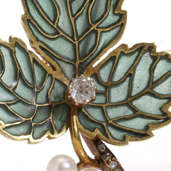 Green plique-a-jour enamel gold leaf brooch with diamonds and pearls.