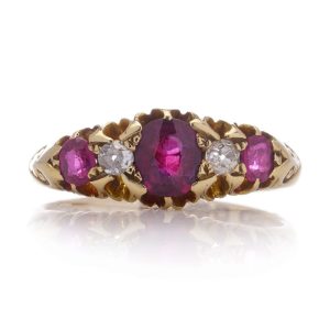 Antique gold five-stone ruby and diamond ring.